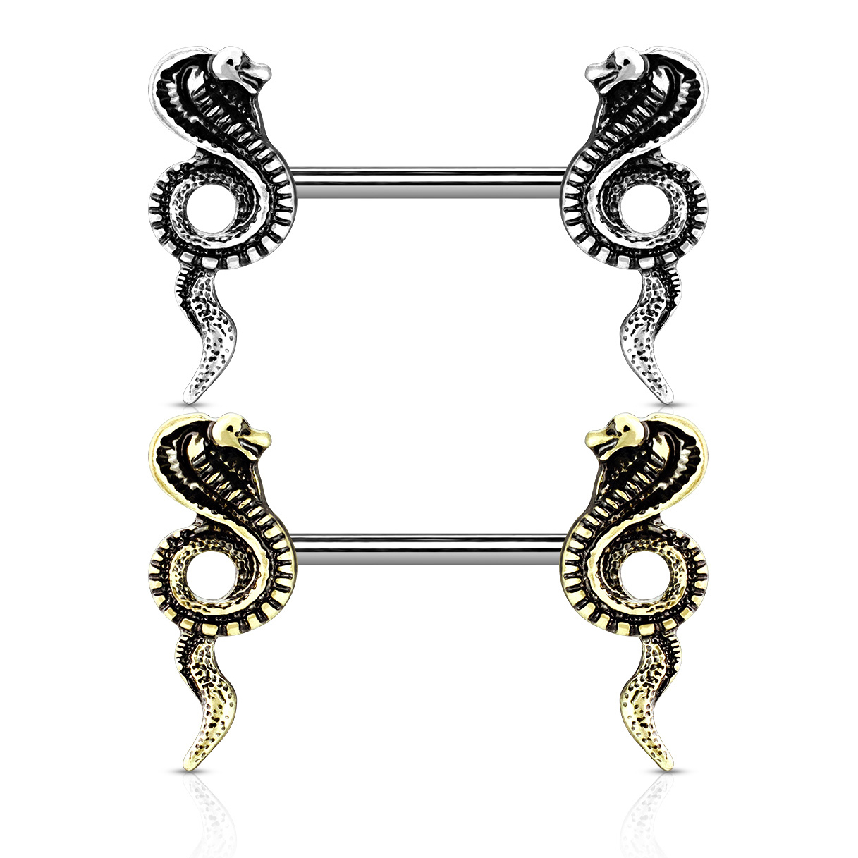 Tepelpiercing met twee cobras