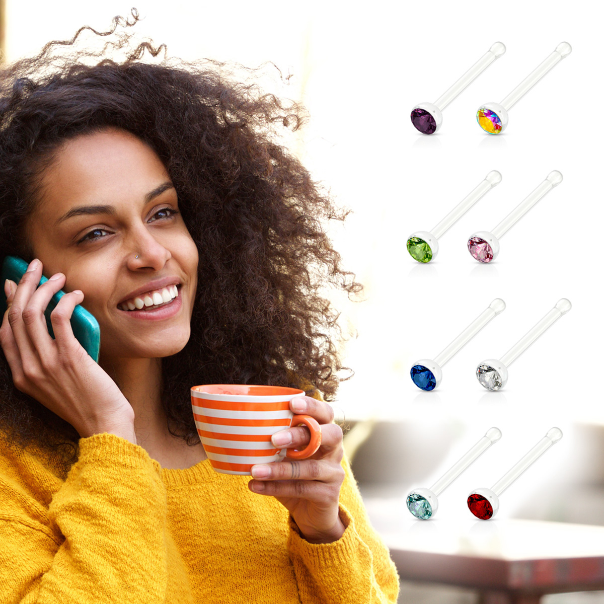 Pakket met neusstaafjes van acryl met 8 verschillende kleuren steen
