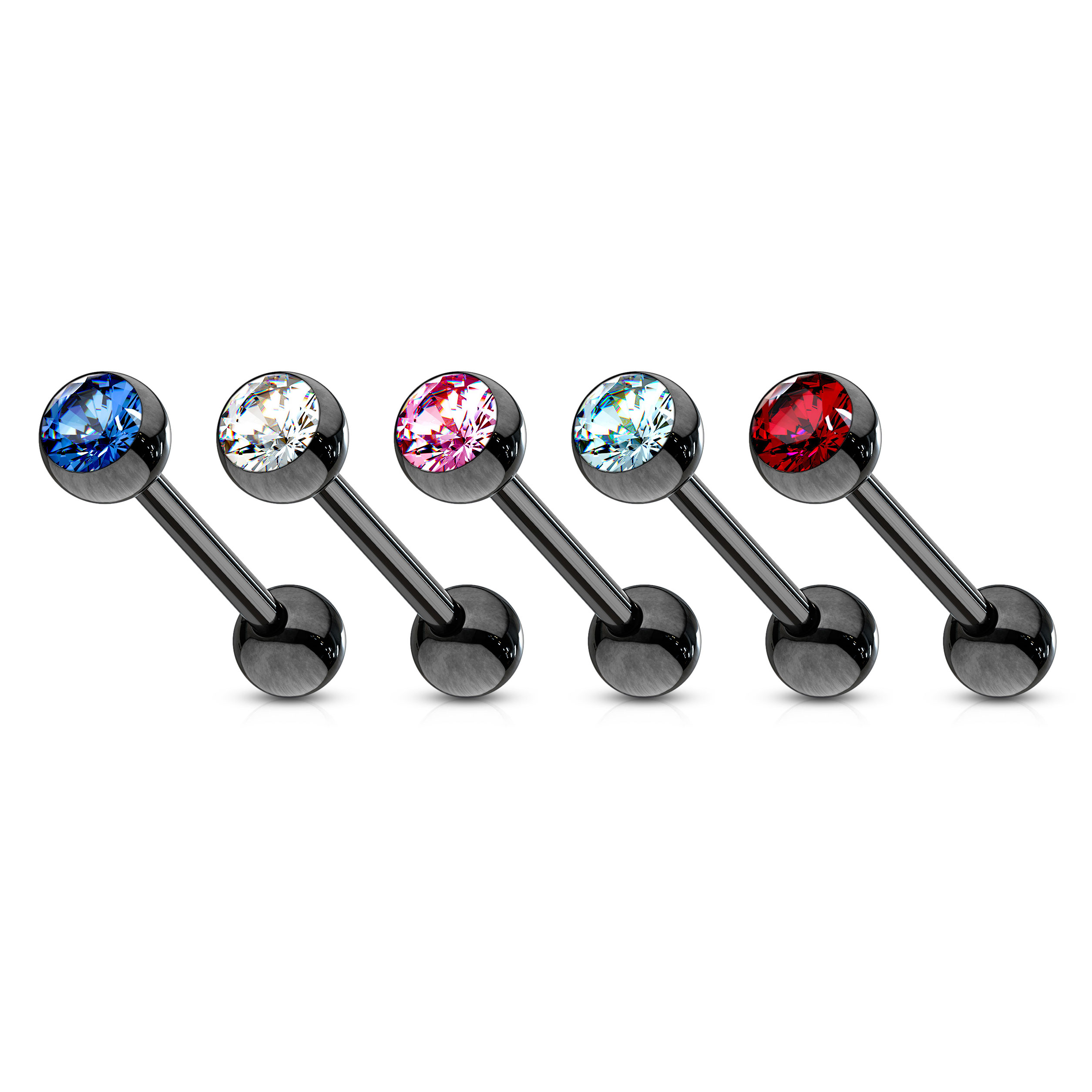 Zwarte tongpiercing met verschillende gekleurde stenen