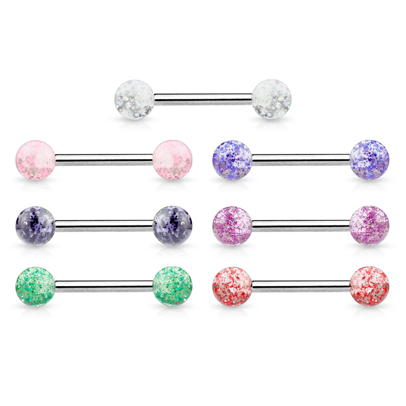 Tongpiercing uit chirurgisch staal en met acrylballetjes in verschillende kleuren