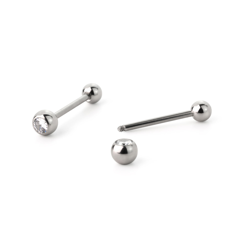 Tongpiercing met steentjes in verschillende kleuren
