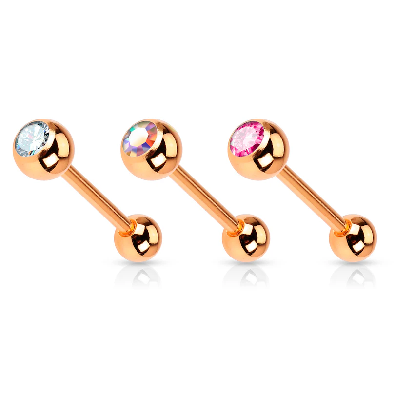 Tongpiercing met roodgouden coating en steentjes